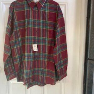 I.N.C. Flannel Shirt Burgundy & Blue Lg Sleeve Button Front Collared Shirt NWT L